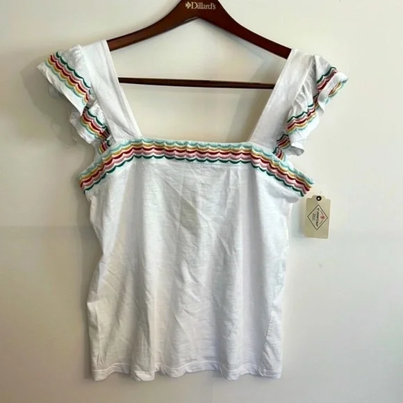 ST. John’s Bay white square neck multi- color edge ruffle sleeve tank size M NWT - Picture 3 of 12